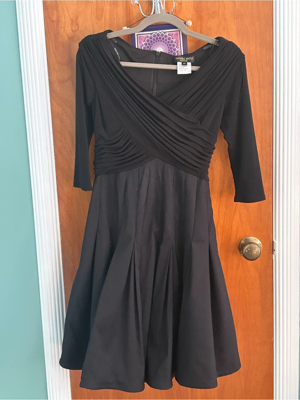 Tadashi Shoji Black Ruched Crossover Fit-and-Flare Dress